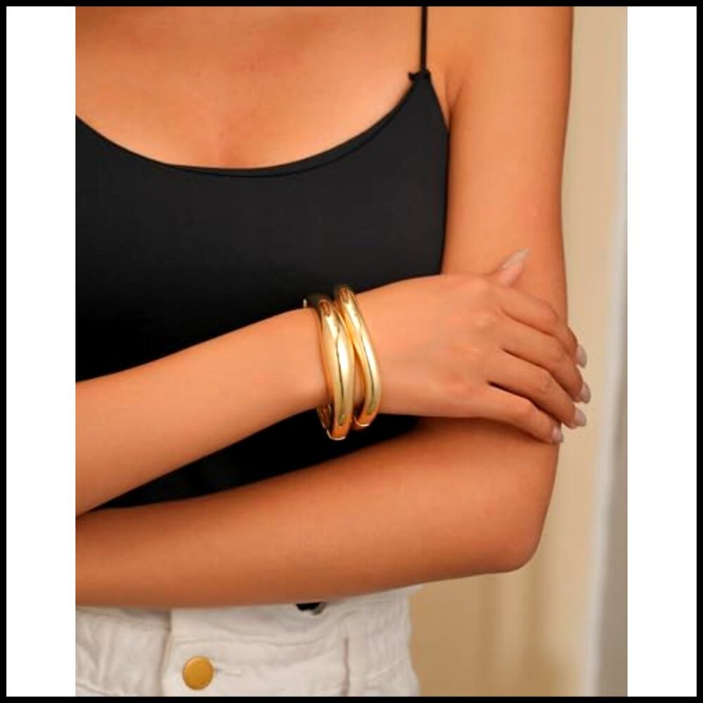 Gold Hinged Cuff Bangle Bracelets Stackable Chunk… - image 4